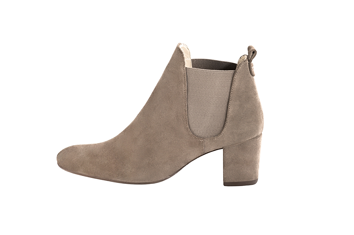 Tan beige and taupe brown women's ankle boots, with elastics. Round toe. Medium block heels. Profile view - Florence KOOIJMAN